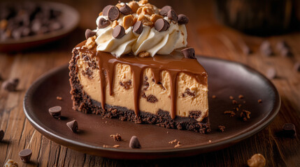 Decadent Peanut Butter Chocolate Cheesecake Slice with Whipped Cream and Caramel Drizzle