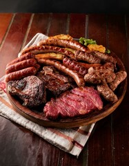 Generated image A beautifully plated Argentine asado with various cuts of grilled meat and sausages