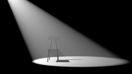 A white spot light illuminating a metal chair diagonally on a black background. Ideal for composition. Wallpaper, banner, copy space. Atmospheric light.