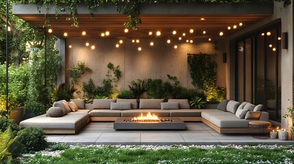 Obraz premium Cozy Patio with Fire Pit & String Lights