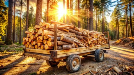 A wooden wagon loaded with logs sits in the forest as the sun sets casting warm light on the trees and the logs.