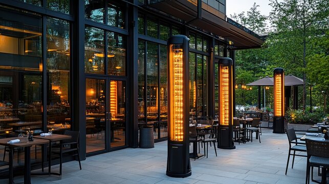 Outdoor dining area with patio heaters glowing in the evening light