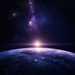 Obraz premium Earthrise sunrise over planet Earth from space, showing city lights and the Milky Way galaxy.