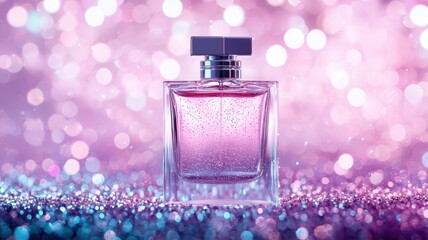 Elegant perfume bottle with shimmering background.