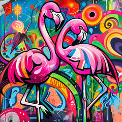 Obraz premium Fun and whimsical street art style graffiti art of two pink flamingos standing in front of a vibrant and colorful abstract background.