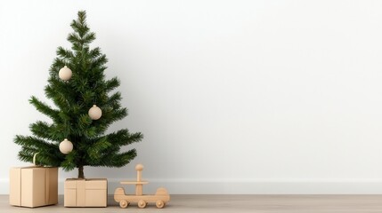 Christmas tree in a nursery with simple, natural ornaments, soft lighting, and wooden toys, creating a warm, cozy holiday mood