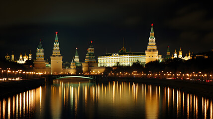 Obraz premium A spectacular fireworks display over the Kremlin in Moscow with bursts of gold and red highlighting the majestic architecture.