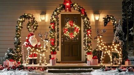 Festive Christmas House Exterior Decor with Santa, Reindeer, and Lights