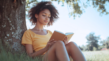 Obraz premium French girl sitting on grass under the tree reading a book studying