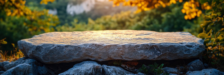 Obraz premium scenic lush greenery podium stone vibrant peaceful nature serene landscape tranquility beauty outdoor fresh harmony environment