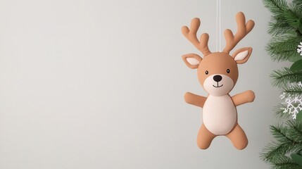 Christmasthemed baby mobile with reindeer and snowflakes, soft fabric textures and warm lighting for a cozy holiday nursery