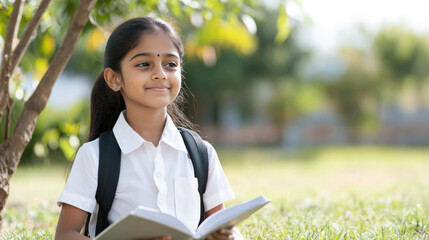 Fototapeta premium Indian girl sitting on grass under the tree reading a book studying