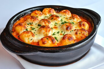 A serving of gnocchi alla Sorrentina, baked in a clay pot with bubbling mozzarella and a rich tomato sauce
