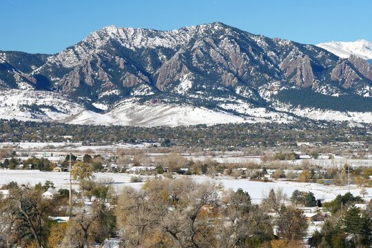Flatirons, NCAR, and City of Boulder in winter, Colorado