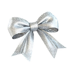 A shiny silver bow with glitter, often used for gift wrapping and decorative purposes.