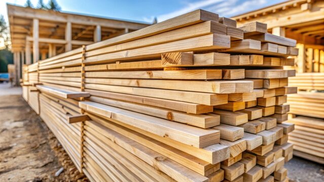 A neat stack of freshly cut wooden planks, ready for construction, a symbol of craftsmanship and building