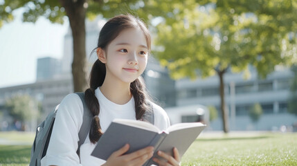 Fototapeta premium Korean girl sitting on grass under the tree reading a book studying