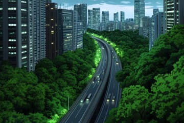 Fototapeta premium A soft watercolor painting of a futuristic cityscape blending lush green parks and glowing skyscrapers