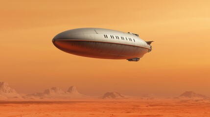 Naklejka premium A futuristic airship glides through a surreal orange sky, suggesting exploration and adventure on an alien landscape.