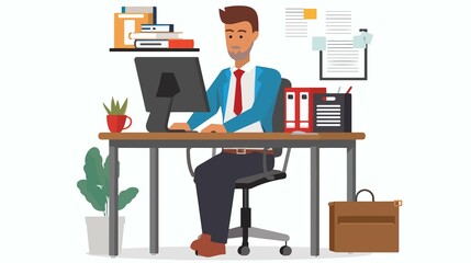 Businessman working at desk, flat vector illustration, isolated, white background, office, professional, work, success, corporate, design