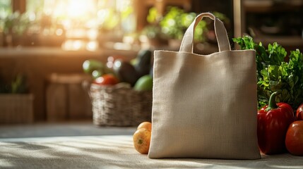 Natural Fabric Bag Near Fresh Vegetables and Fruits