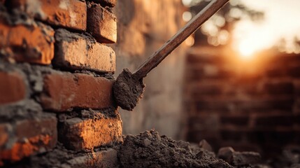 Fototapeta premium Construction Worker Applying Mortar on Brick Wall at Sunset