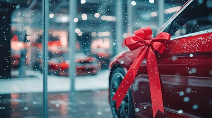 Red car with a big red bow in a showroom during snowfall.
