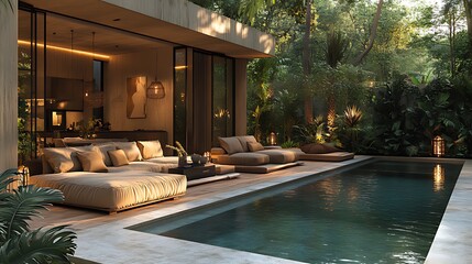 Obraz premium Modern tropical villa with infinity pool, patio furniture, and lush garden.