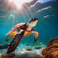 Fototapeta premium Generated image A close-up of a sea turtle gracefully swimming through crystal-clear waters, with rays of sunshine