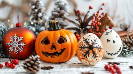 A festive image of seasonal items on white, showcasing Christmas ornaments, Halloween pumpkins, and Easter eggs,