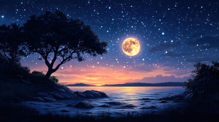Serene moonlit lake, starry night, tranquil scene.