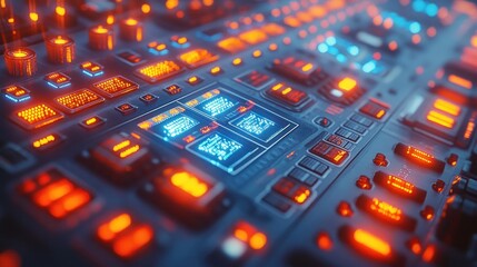 Obraz premium Futuristic control panel with glowing buttons and displays.