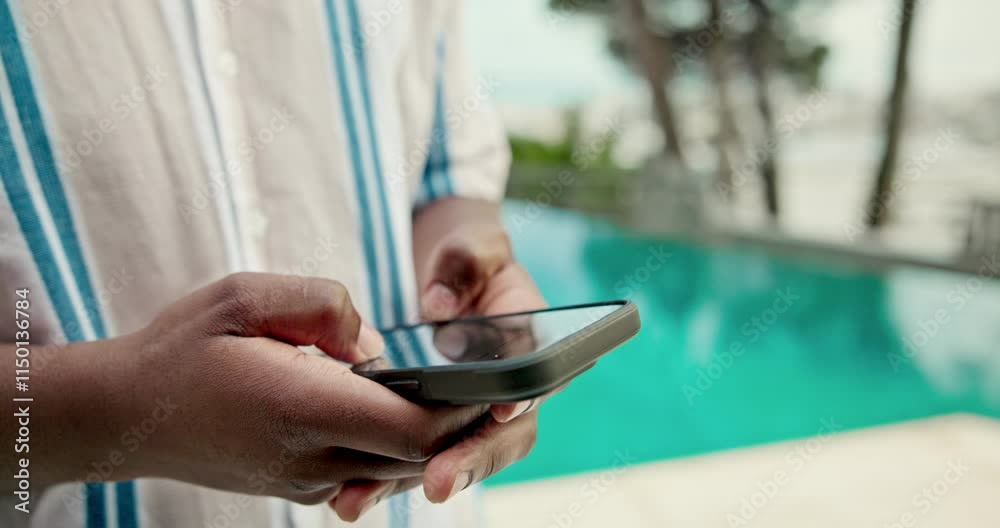 Poster hands, smartphone and scroll for social media, connection and networking in online dating. person, b
