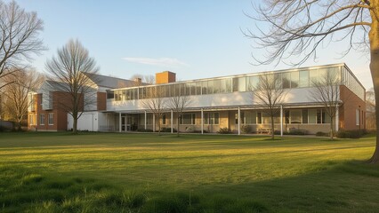 Obraz premium Modern school building with green lawn and trees.