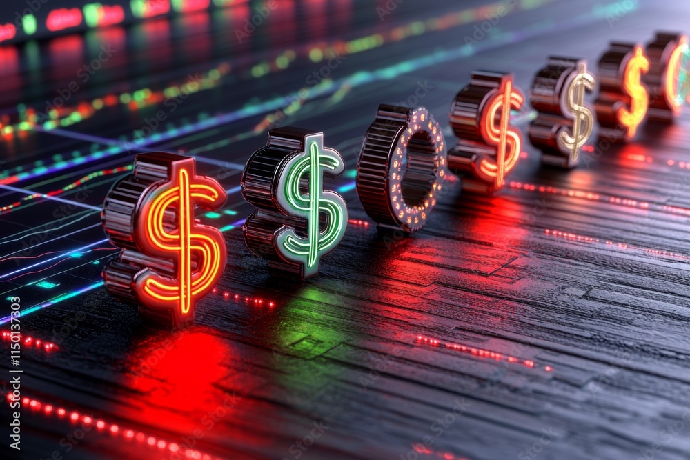 Poster A vibrant digital illustration of a forex trader with glowing currency icons and a stylized chart interface