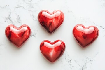 Fototapeta premium Four red heart-shaped chocolates on marble.