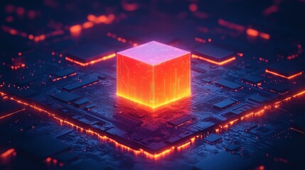 Glowing cube on circuit board.