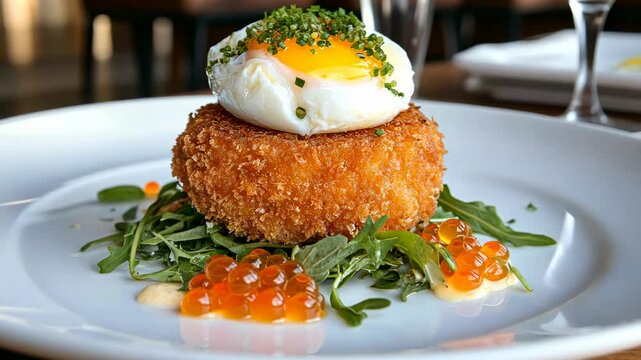 Gourmet dish featuring poached egg on crispy breaded base with fresh greens and fish roe arranged elegantly on a plate