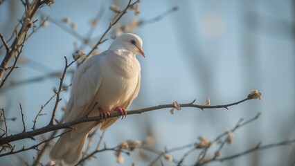 White dove perched on tree branch in natural light.