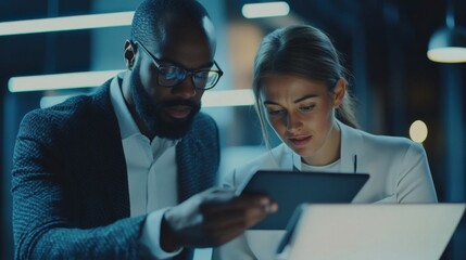 Two business professionals collaborating over a tablet, analyzing detailed financial graphs and reports, modern office with a professional and organized atmosphere, bright lighting