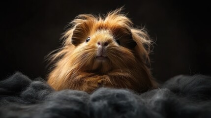 A fluffy guinea pig with long hair poses against a dark background, showcasing its adorable features.