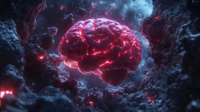 Glowing brain surrounded by cosmic debris.