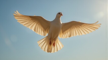 Fototapeta premium White dove soaring in blue sky with spread wings.