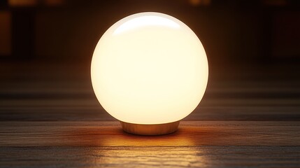 Glowing orb lamp on wooden surface.