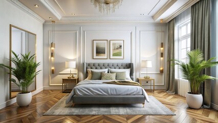 Sumptuous Bedroom Design: White Mockup Frame, Wide-Angle Contemporary Interior