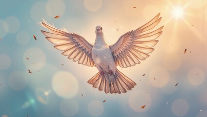 Obraz premium Dove flying gracefully in sunlight with blue sky background.