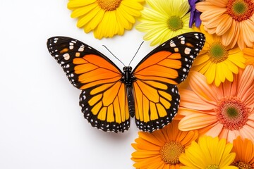 Obraz premium A whimsical depiction of a GMO-enhanced butterfly with glowing wings, flying over colorful flowers on a bright white backdrop