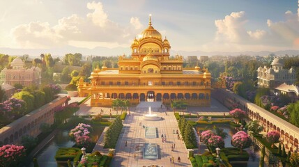 A grand golden temple, shining under the midday sun, surrounded by lush gardens and pathways,