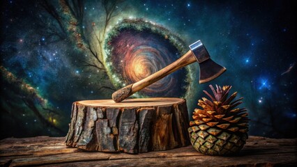 A weathered axe rests on a tree stump against a backdrop of swirling nebulae, surrounded by the vastness of space, hinting at a cosmic connection.