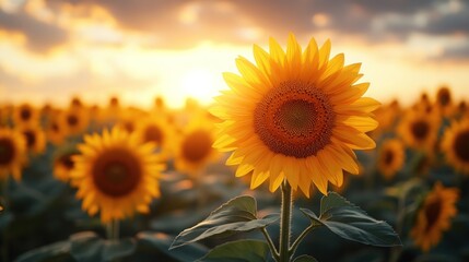 Obraz premium Single sunflower in field at sunset.